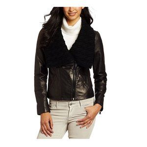 Via Spiga Leather Motorcycle Jacket with Chunky Rib Knit Collar